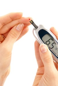 Diabetic patient measuring glucose level blood test